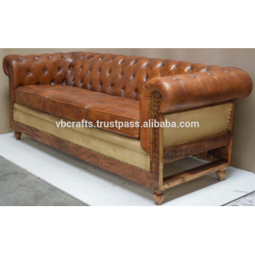 Vintage Leather Sofa Wooden Leg,